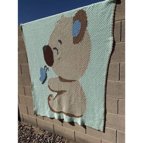 Vintage Baby Bear & Butterfly Afghan Nursery Crochet Knit Crib Blanket Handmade - Picture 4 of 4